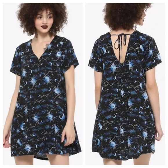Hot Topic Blue Celestial Button Front Mini Dress Sun Moon Stars Juniors Size SM - Picture 7 of 7